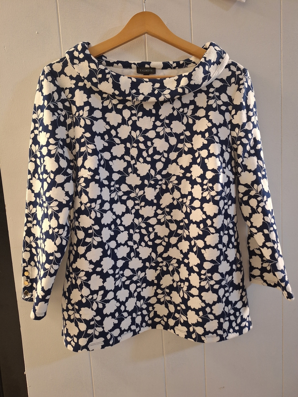Talbots Navy and White Floral Cowl-Neck Tunic